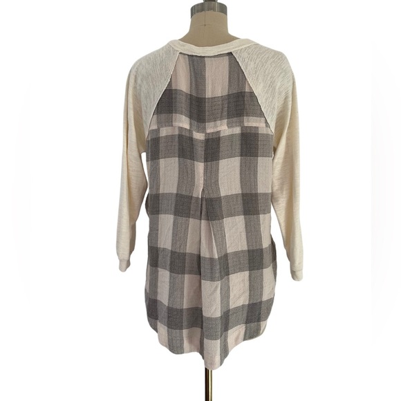 Anthropologie Pilcro Knit V Neck Top Cream Gray Plaid Long Sleeve Boho XS - Picture 3 of 7